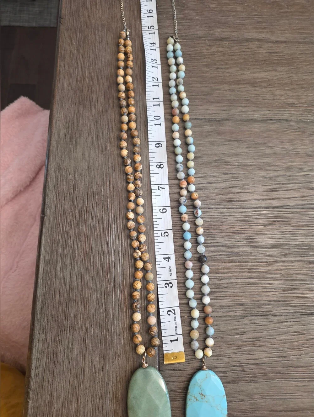 Boho Natural Picture Jasper Beaded Necklace Long Green Quartz Aventurine Pendant